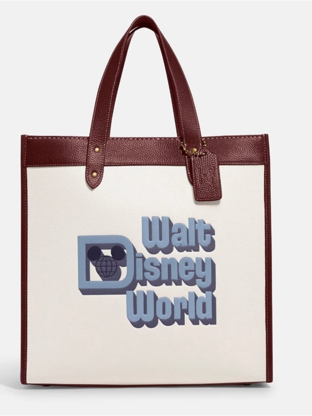 NWT Coach x Disney Cream Leather Field Tote Burgundy Walt Disney World Logo